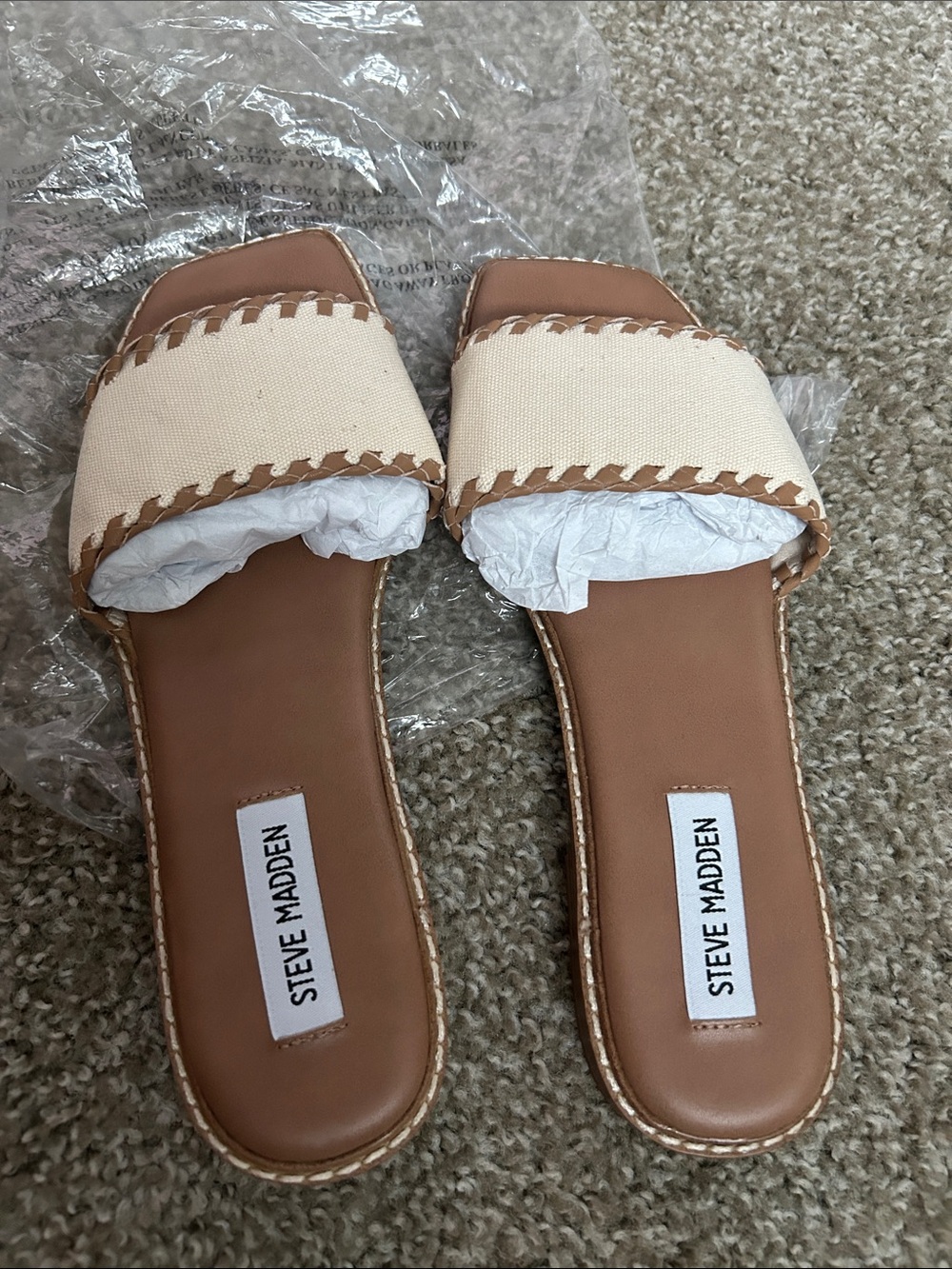 Steve Madden Cream Canvas Slide Sandals with Tan Trim